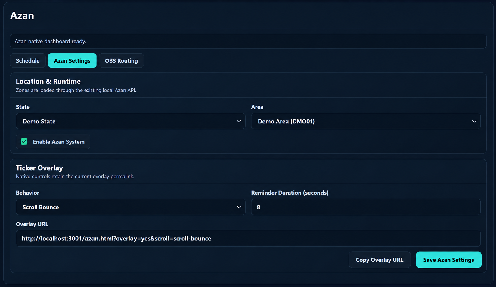 Rekreasi demo Azan Settings dengan State, Area, Enable Azan System, Ticker Overlay dan Save Azan Settings