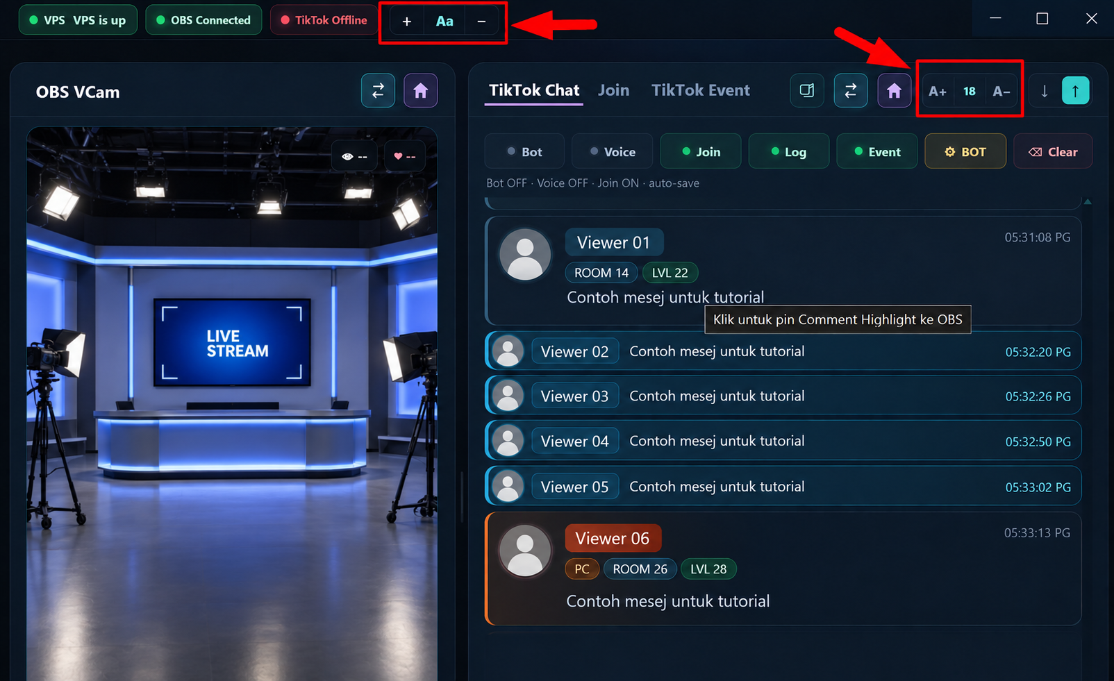 Rekreasi dashboard menandakan control skala keseluruhan interface dan font TikTok Chat