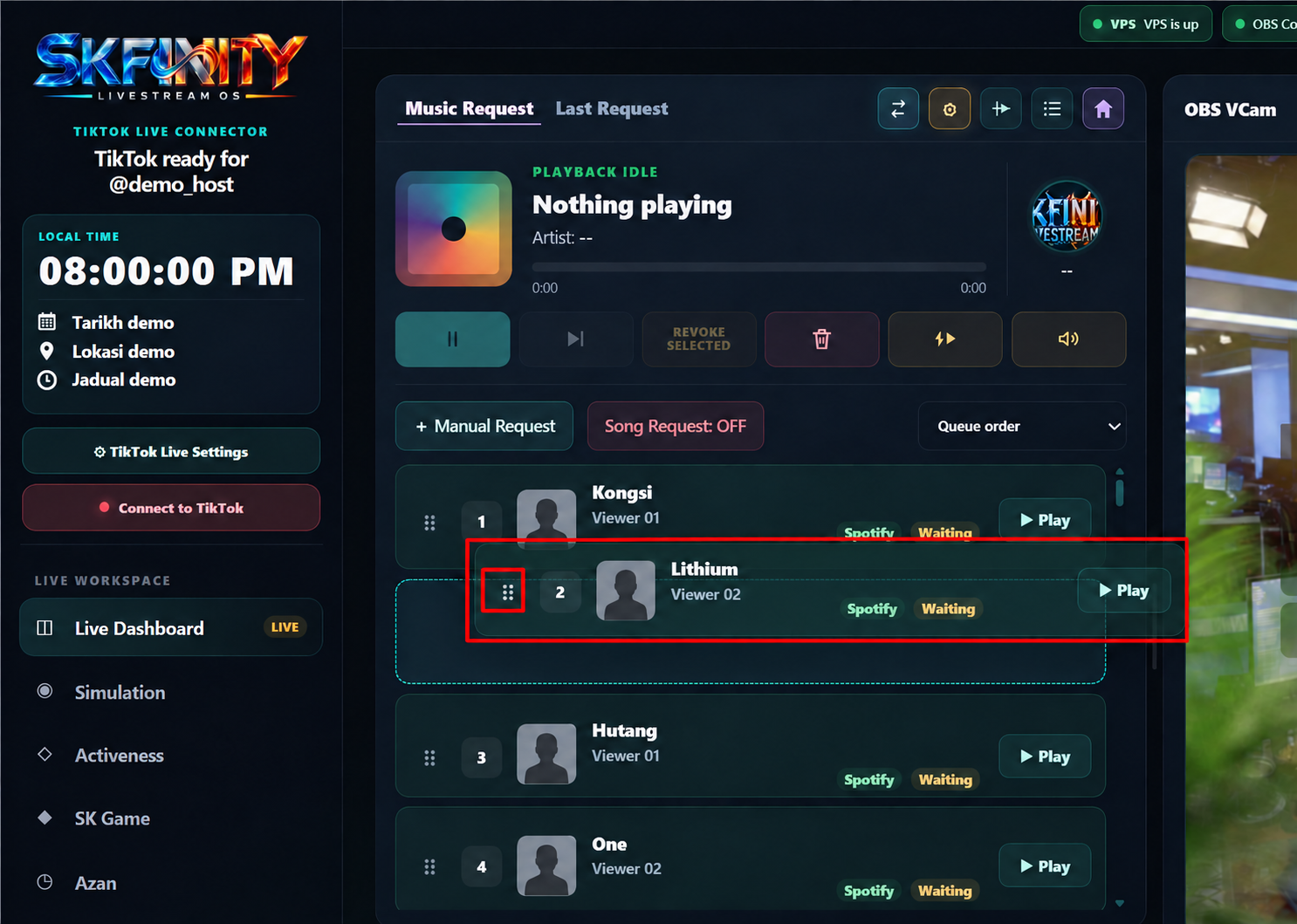 Rekreasi Music Request menunjukkan drag handle untuk menukar giliran lagu Waiting