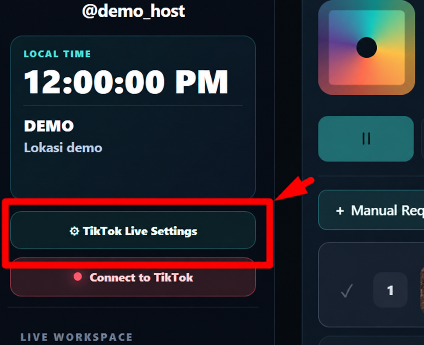 Butang TikTok Live Settings pada sidebar SKFINITY ditandakan dengan kotak merah