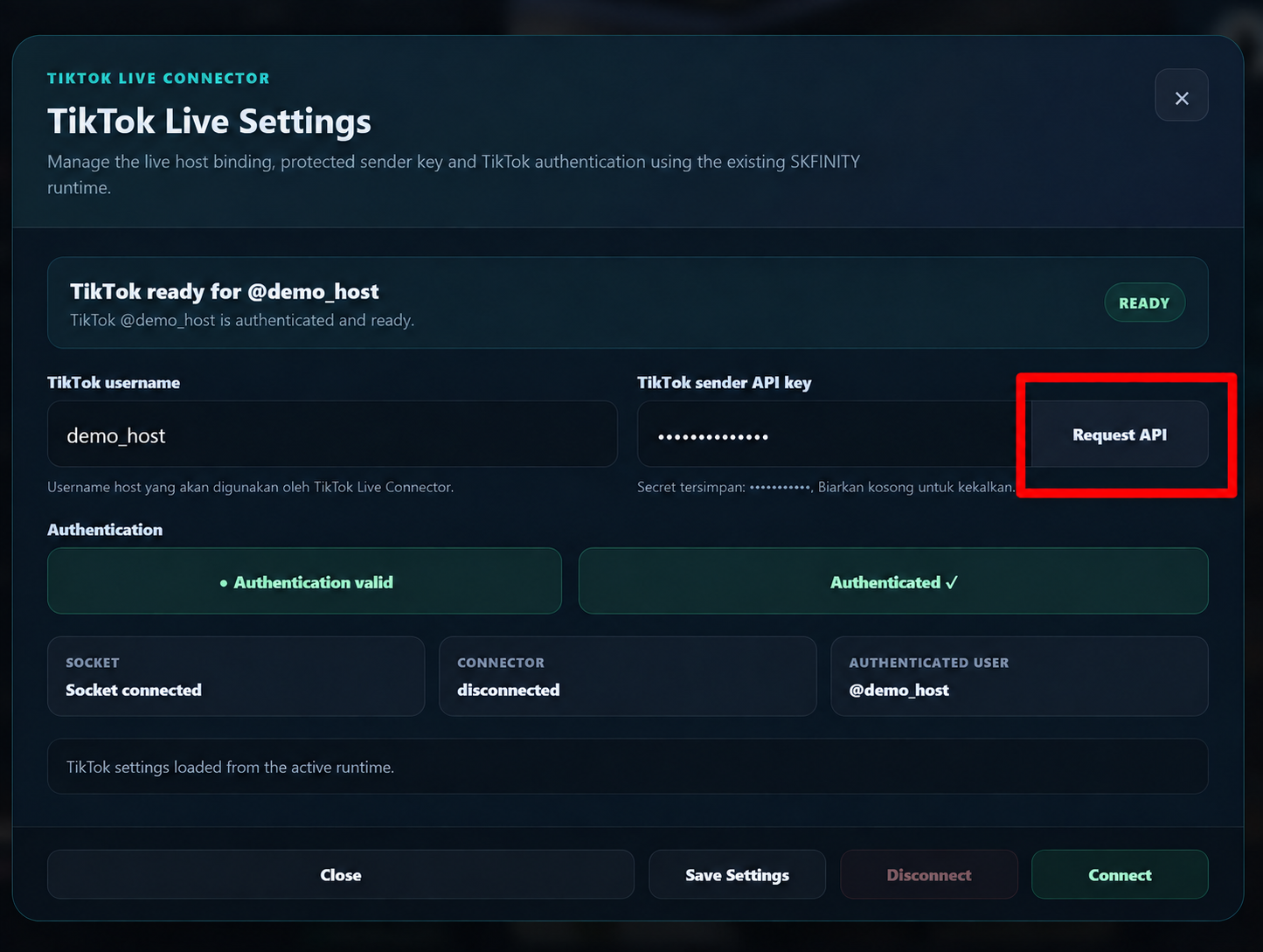 Rekreasi demo TikTok Live Settings dengan username demo, API key masked dan butang Request API ditandakan