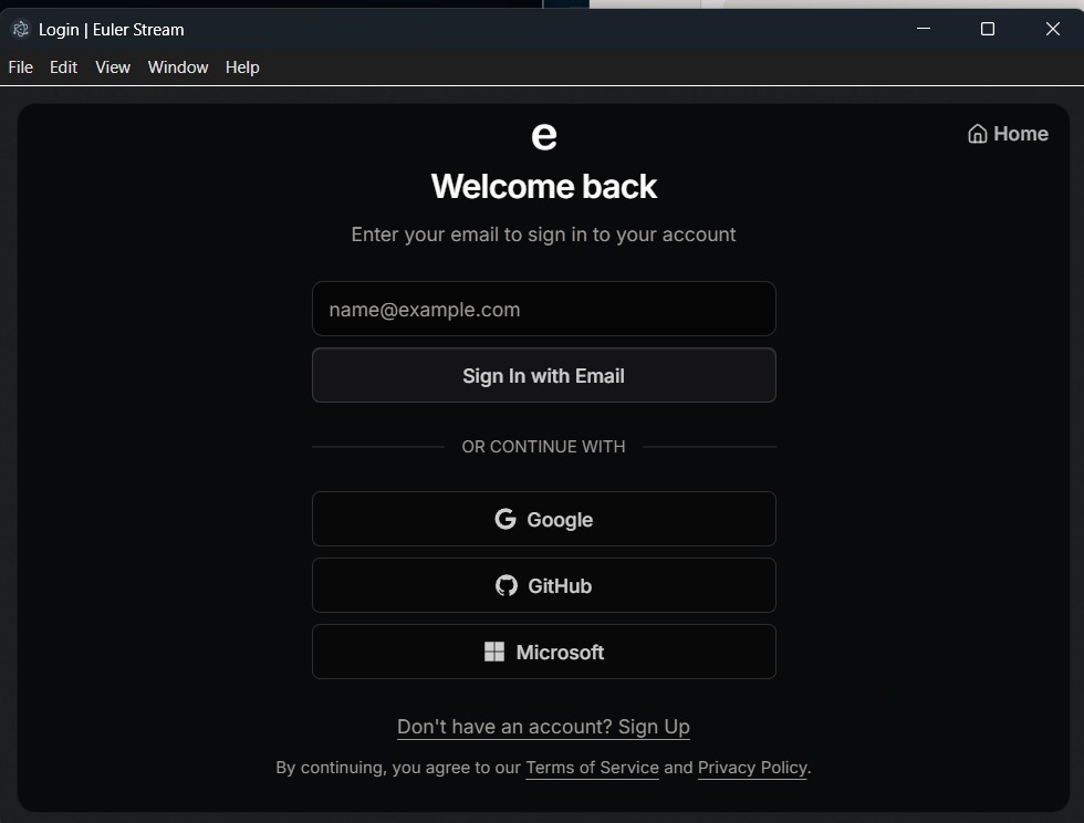 Halaman login Euler Stream yang menyediakan pilihan email, Google, GitHub dan Microsoft