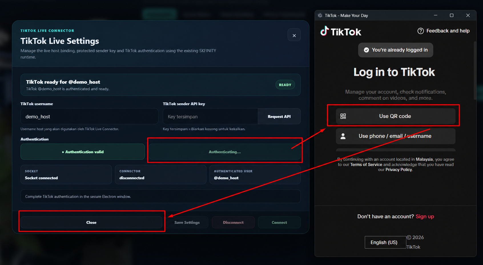 Rekreasi demo TikTok Live Settings dan secure TikTok login window semasa authentication akaun demo_host
