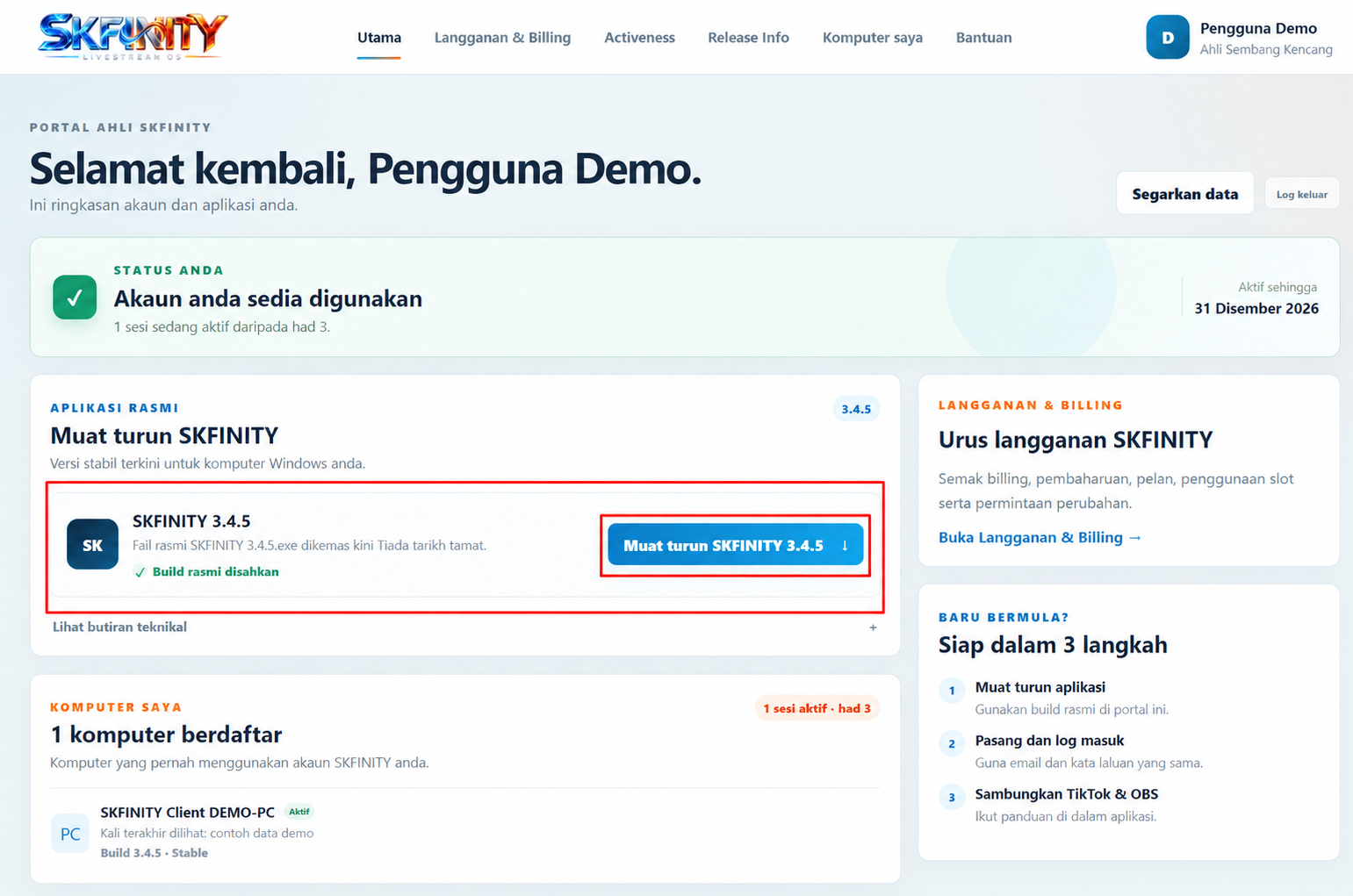 Rekreasi demo User Portal SKFINITY dengan kad muat turun build rasmi dan butang download ditandakan