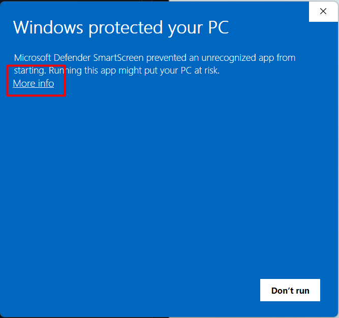 Windows SmartScreen dengan pautan More info ditandakan