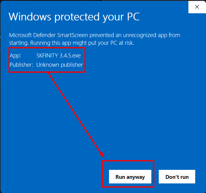 Windows SmartScreen menunjukkan nama installer SKFINITY, Unknown publisher dan butang Run anyway