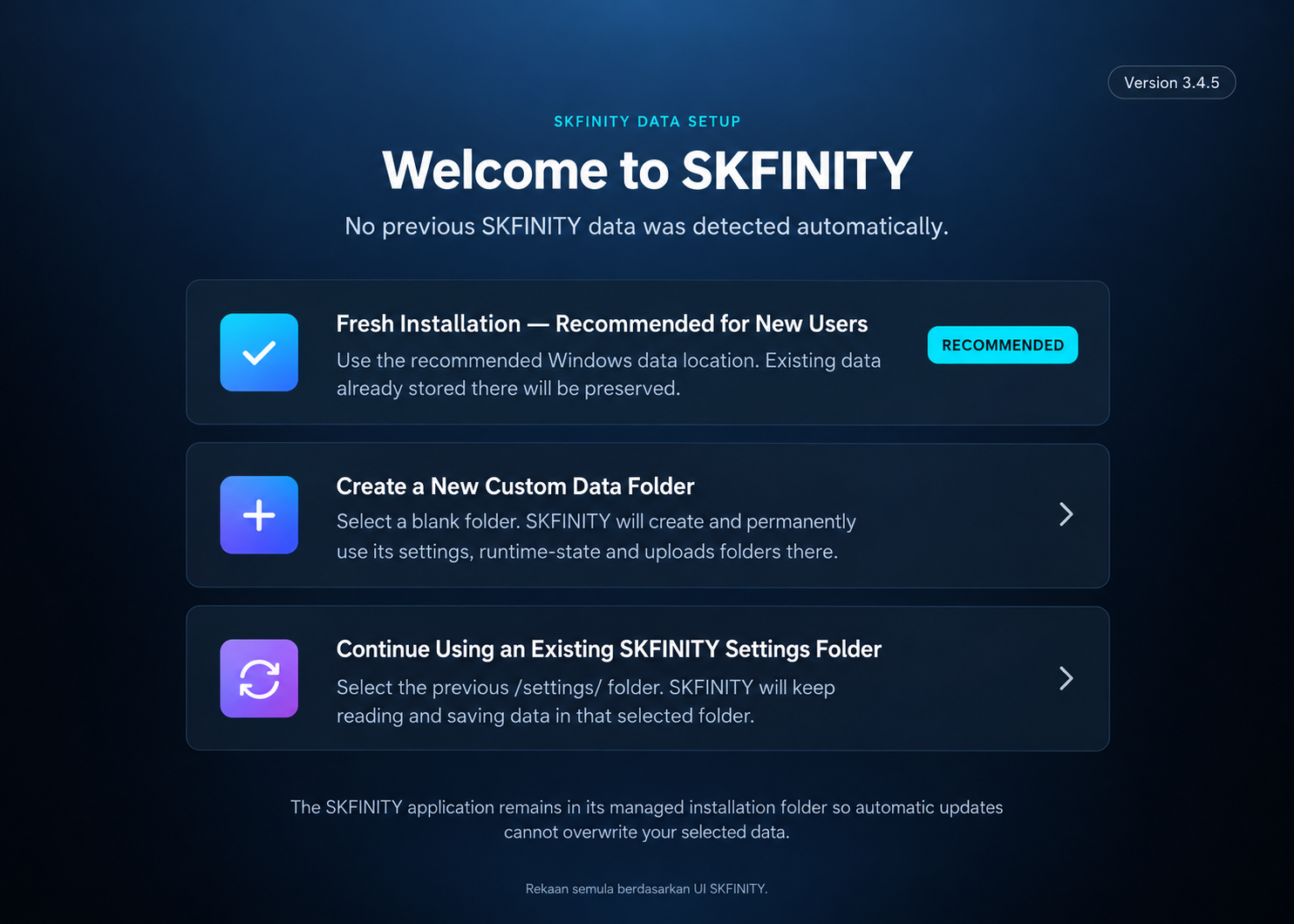 Rekreasi skrin Data Setup SKFINITY dengan tiga pilihan setup