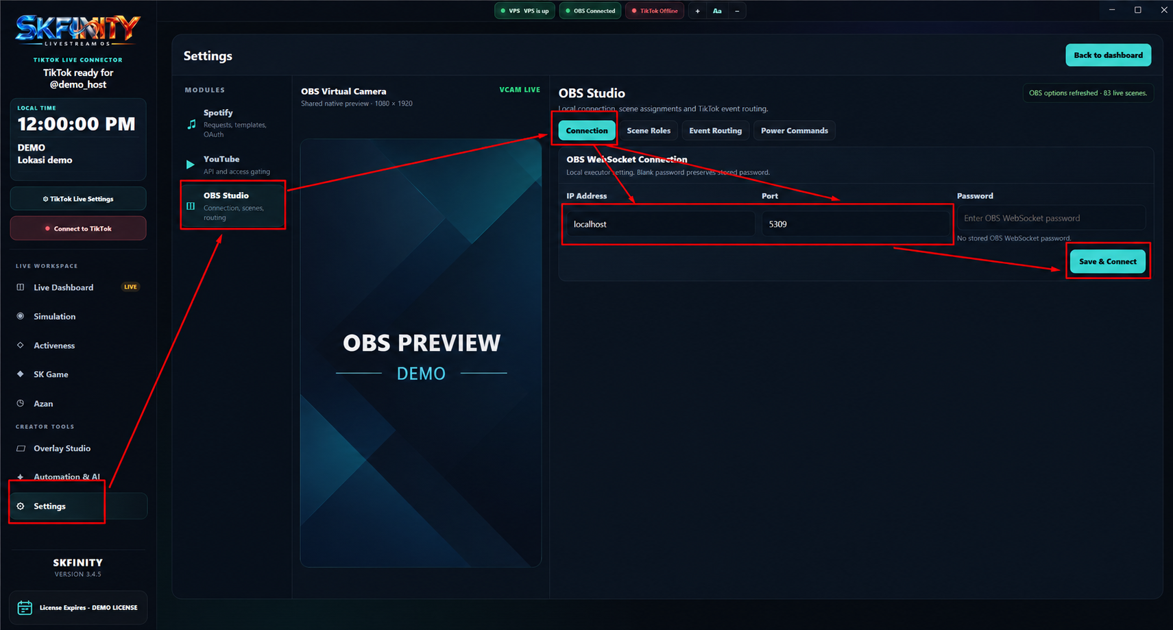 Rekreasi selamat SKFINITY Settings OBS Studio Connection dengan localhost, port 5309 dan Save & Connect ditandakan