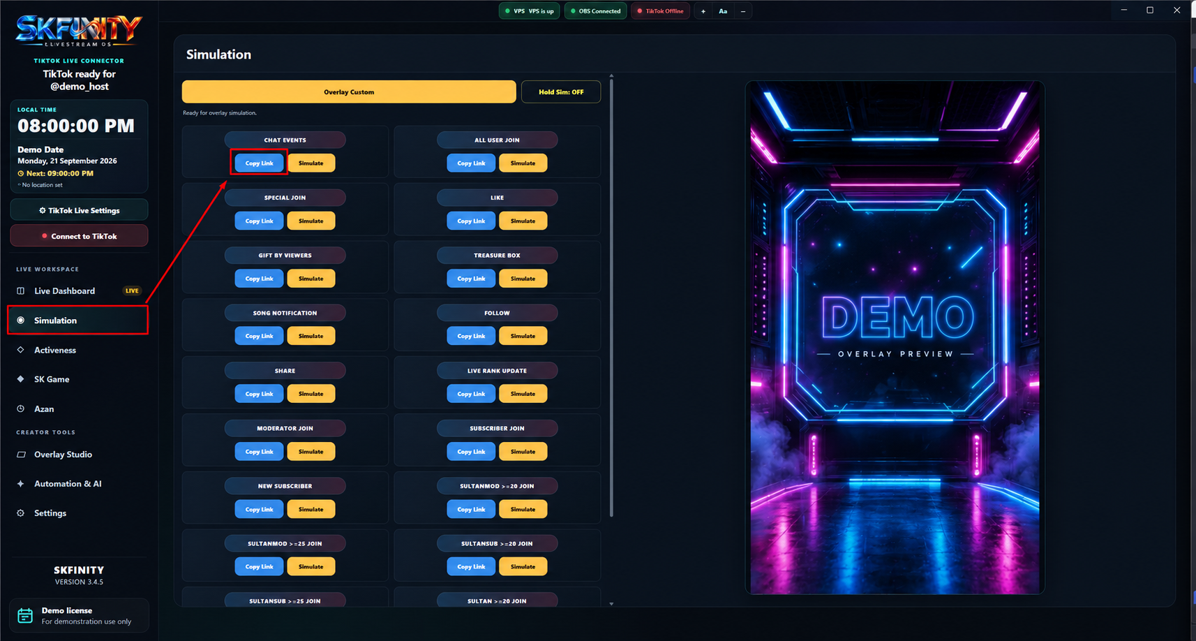 Rekreasi privacy-safe skrin SKFINITY Simulation dengan Copy Link dan Simulate
