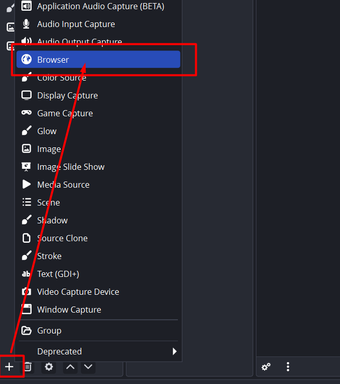 OBS Sources plus menu menunjukkan pilihan Browser