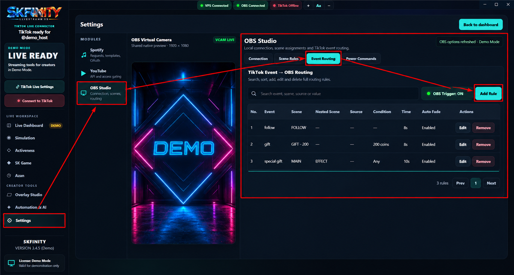 Rekreasi SKFINITY Event Routing dengan OBS Trigger dan Add Rule