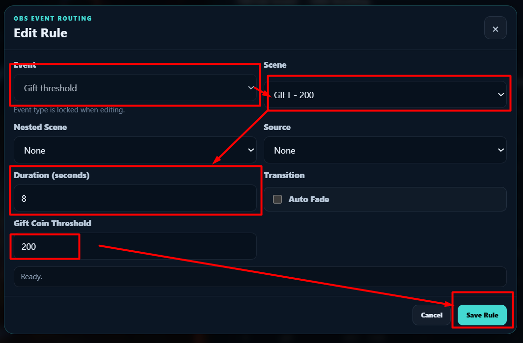 Edit Rule untuk Gift threshold 200 coins selama 8 saat