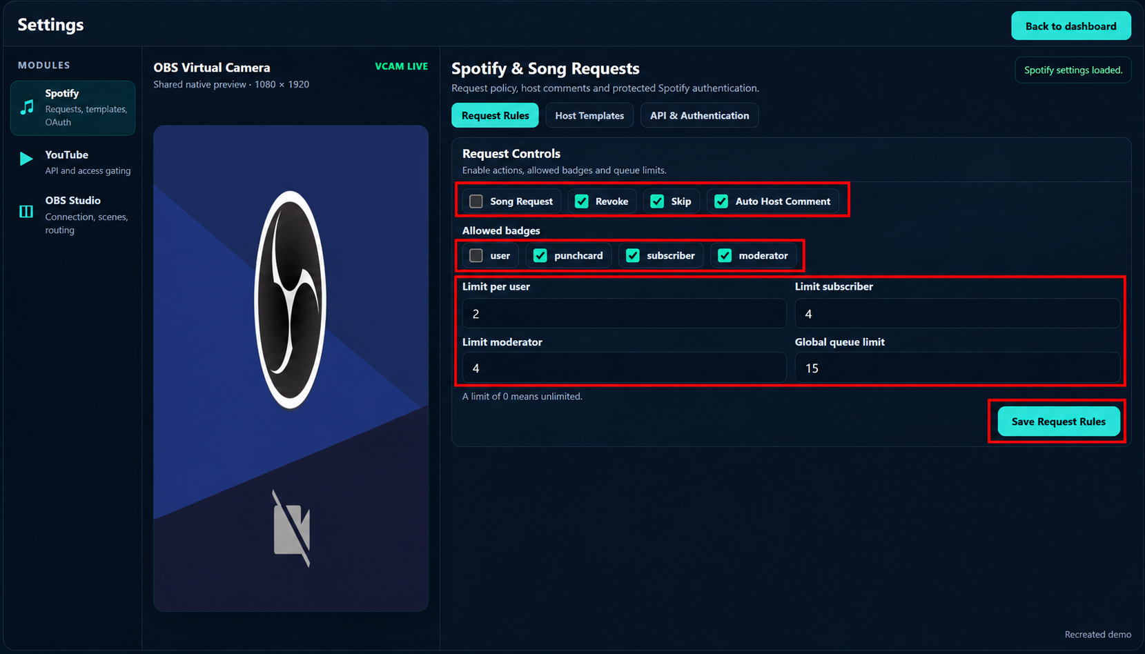 Rekreasi SKFINITY Spotify Request Rules menunjukkan toggles badges dan queue limits
