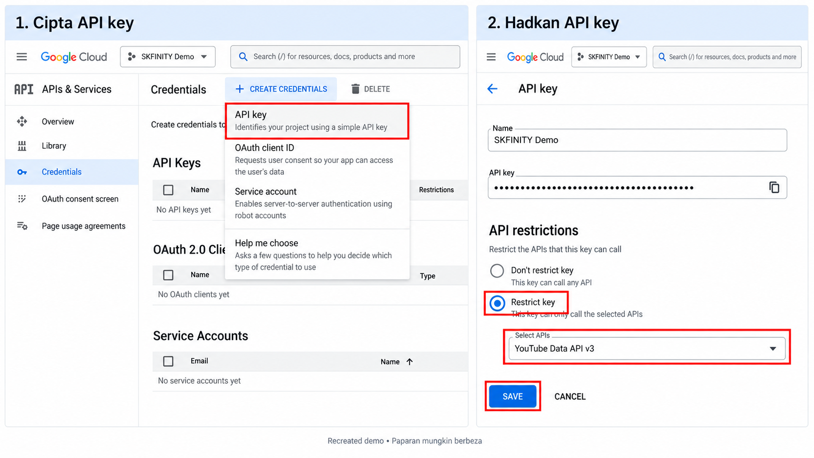 Rekreasi Google Cloud Credentials menunjukkan API key demo restricted kepada YouTube Data API v3
