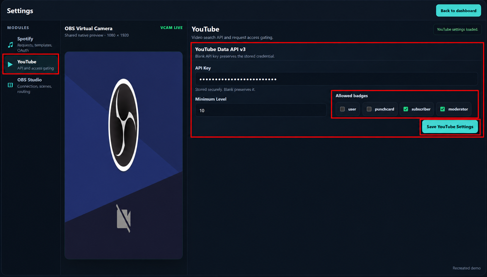 Rekreasi privacy-safe SKFINITY YouTube settings dengan API key tersembunyi dan allowed badges